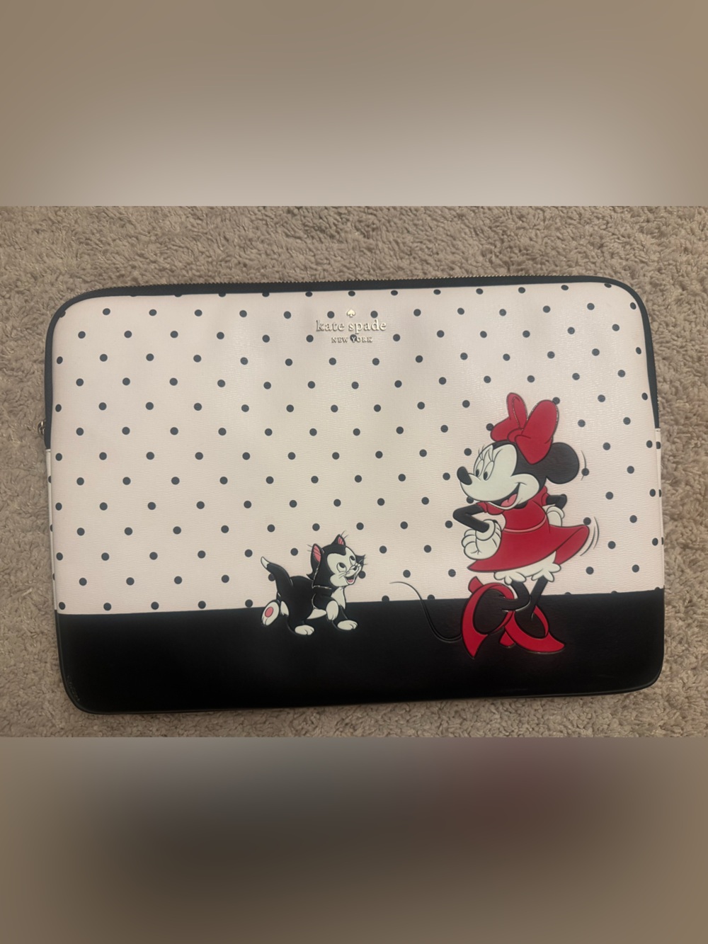 kate spade polka dot Minnie & Figaro laptop sleeve in black, white & red